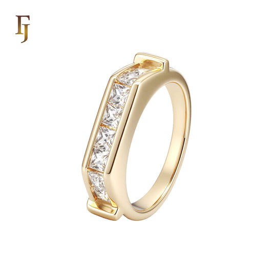 Curved paved Baguette white CZs 14K Gold Wedding Band Rings