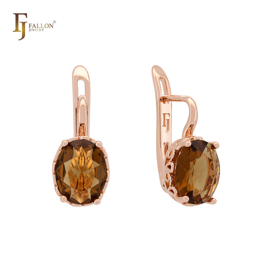 Clawed Solitaire Coffee CZ Oval Rose Gold Russian Lock Earrings