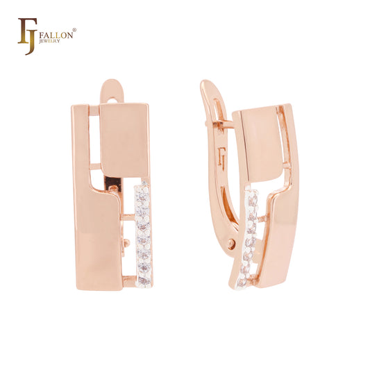 Squared white CZs Rose Gold two tone Russian Lock Earrings