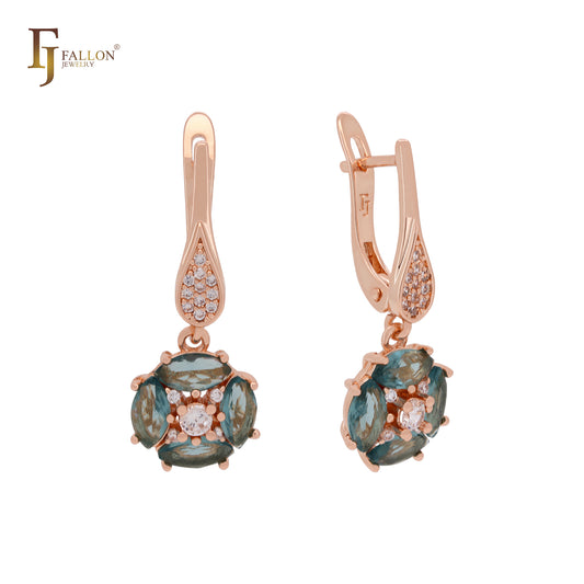 Luxurious cluster deep Apple Green CZs Rose Gold Russian Lock Earrings