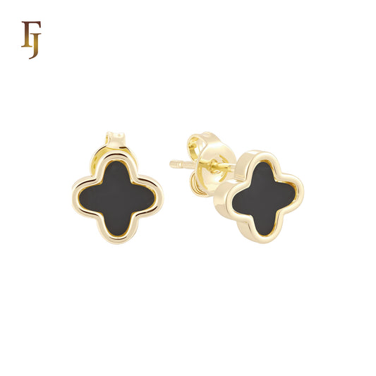 Rounded Clover shaped of Black or White Onyx 14K Gold, Rose Gold Stud Earrings