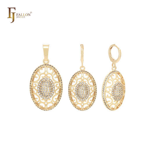 Conjunto de joias de ouro 14K com pingente e zircônias cúbicas brancas em filigrana oval
