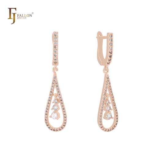 Teardrop of white CZs 14K Gold, Rose Gold Russian Lock Earrings