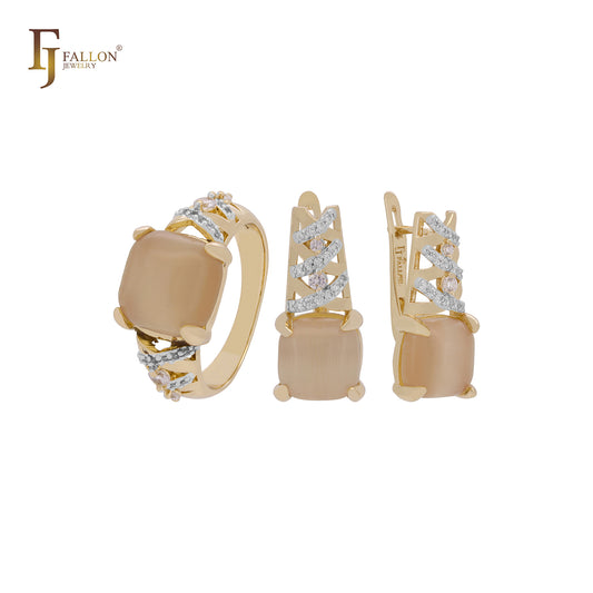 Conjunto de joias em dois tons com anéis, solitário, grande cabochão quadrado, zircônia cúbica, ouro rosa 14K