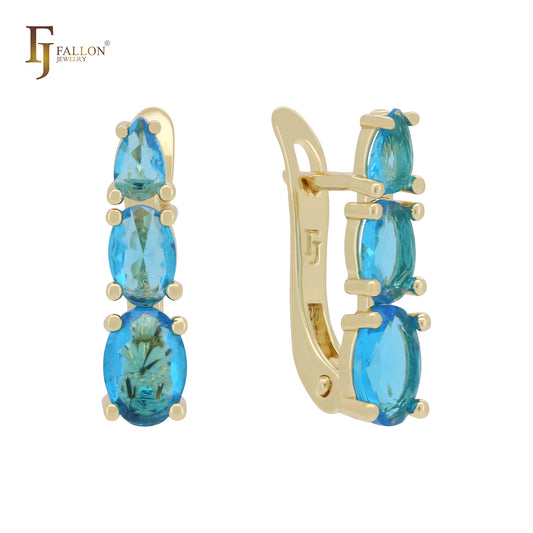 Parallel triple ocean blue CZs 14K Gold Russian Lock Earrings