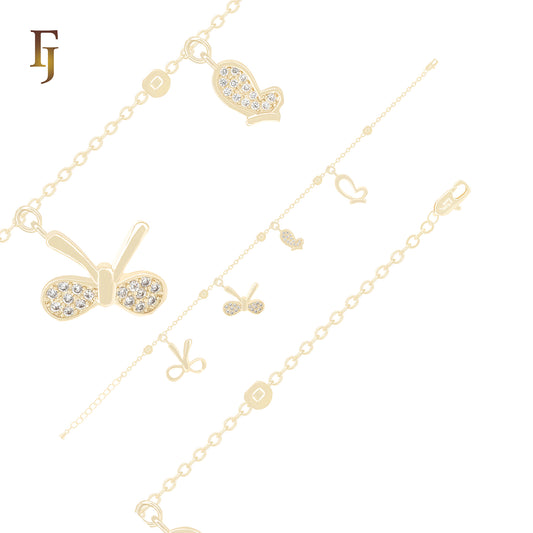 Gold Plated Baby Theme Charm Bracelet with Heart, Bird and Bow Pendants – CZ Jewelry for Kids and Girls | FJ Jewelry