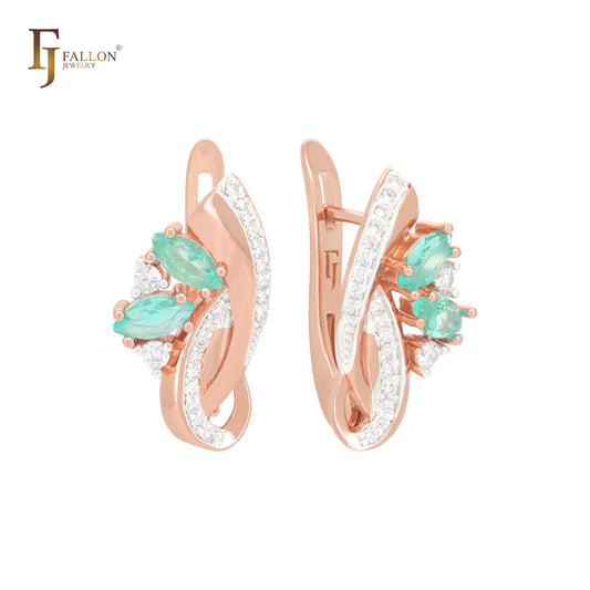 Interlocking Ribbons with Emerald Cluster CZs Rose Gold two tone Russian Lock Earrings