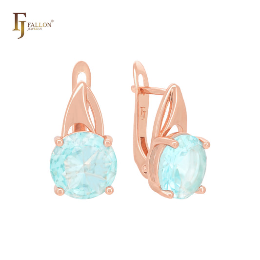 Big Solitaire Lake Blue CZ Rose Gold Russian Lock Earrings