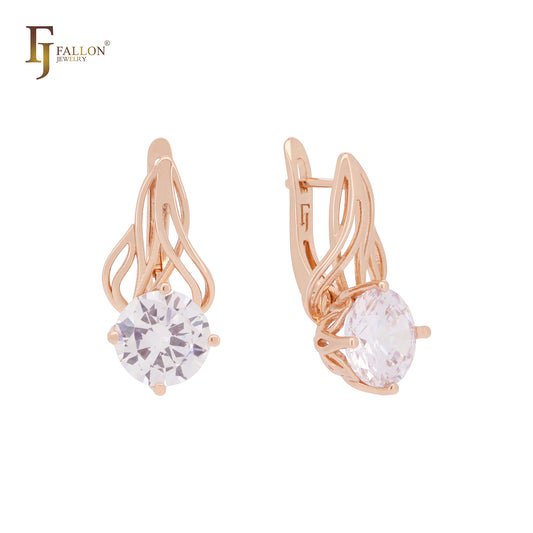 Thousand rows of branches big solitaire rounded white CZ Rose Gold Russian Lock Earrings