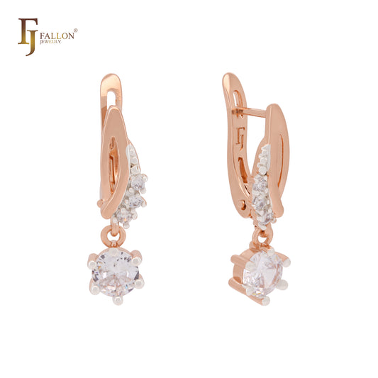 Solitaire white CZs Rose Gold two tone Russian Lock Earrings