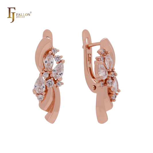 Ribbon flower of white CZs Cluster Rose Gold Russian Lock Earrings