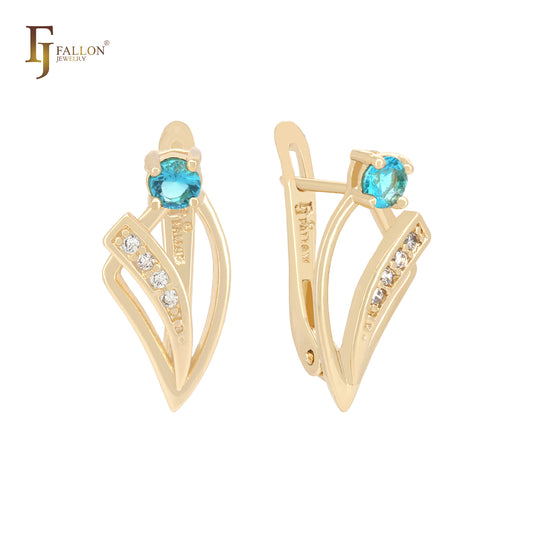 Teeth shaped Colorful CZs mixed geometric 14K Gold Russian Lock Earrings