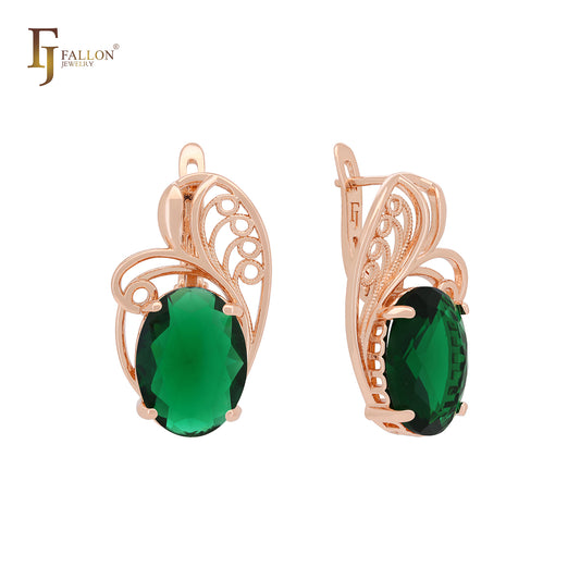 Solitaire Oval wide Colorful CZ Rose Gold Russian Lock Earrings