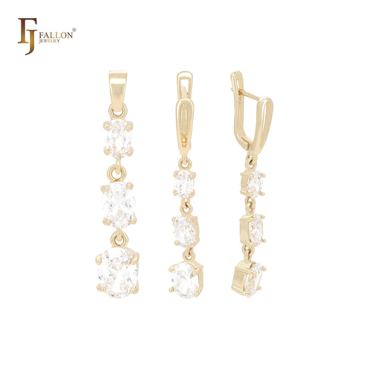 Pendientes colgantes de triple óvalo con circonitas cúbicas blancas o azules de colores, conjunto de joyas de oro de 14 quilates con colgante