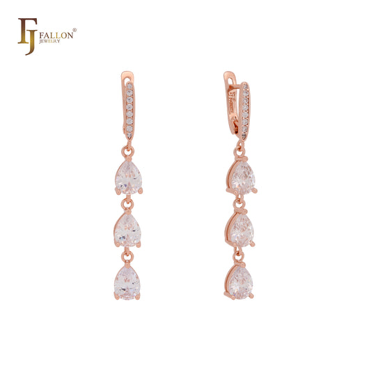 Triple pear shape white CZs dangling drop Rose Gold Russian Lock Earrings
