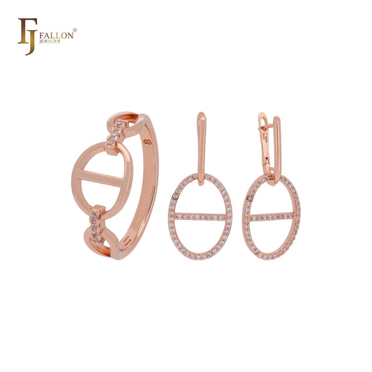 Conjunto de joyas de oro rosa con anillos y eslabones en forma de marinero con circonitas blancas