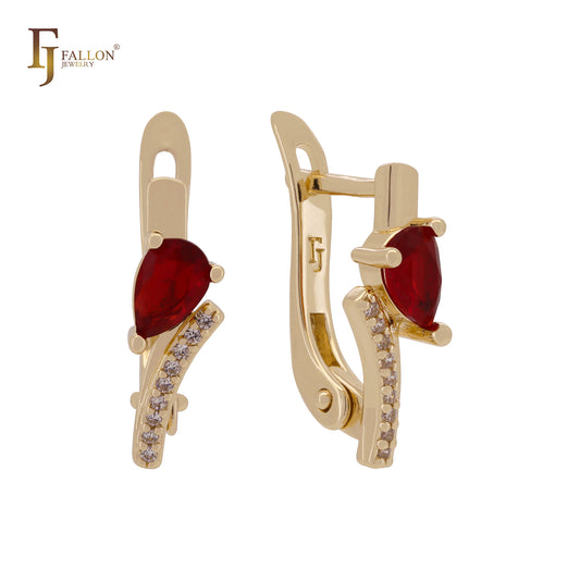 Teardrop Red CZ with white CZs 14K Gold, Rose Gold, White Gold Russian Lock Earrings