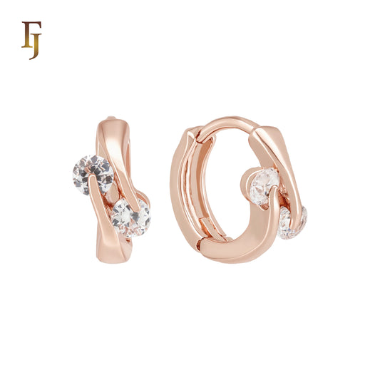 Double clawed white CZs crossing 14K Gold, Rose Gold Huggie Earrings