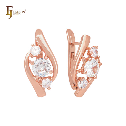 Triple white CZs clawed elegant Rose Gold Russian Lock Earrings