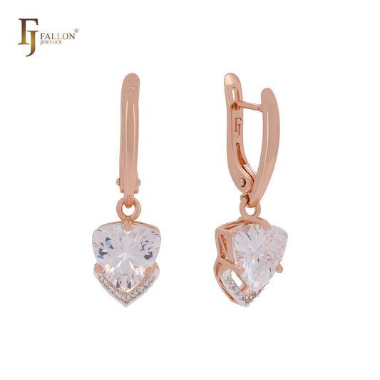 Triangular white CZ with arrow of white CZs Rose Gold two tone Russian Lock Earrings