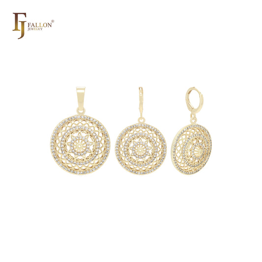 Conjunto de joias de ouro 14K com pingente Halo em CZs brancos