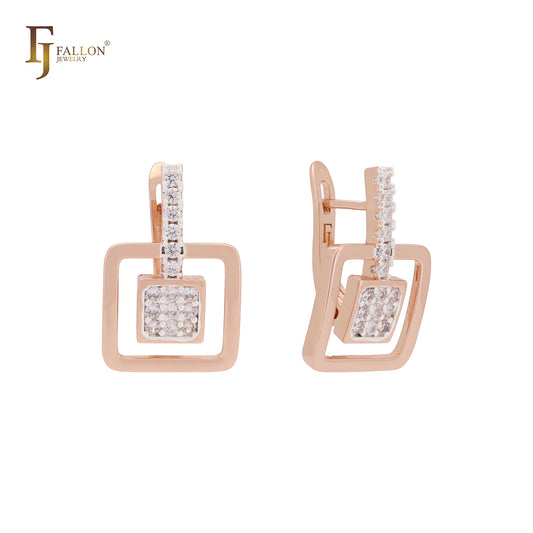 Double rounded squared paved white CZs Rose Gold two tone Russian Lock Earrings