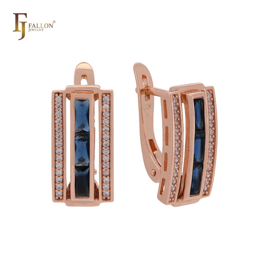 Double row of white CZs and baguette Colorful CZs Rose Gold Russian Lock Earrings