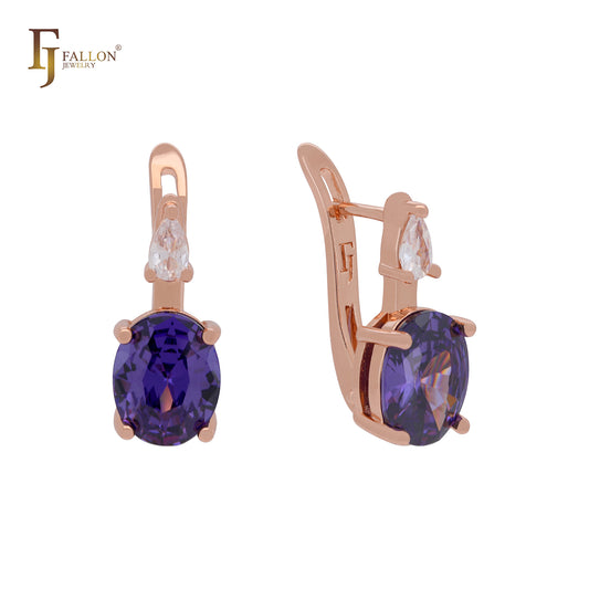 Big Solitaire Purple CZ sided with white CZs Rose Gold Russian Lock Earrings