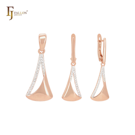 Conjunto de joyas de oro rosa con péndulo triangular de circonitas blancas y colgante