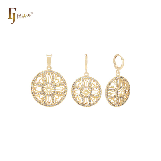 Conjunto de joyería de oro de 14 quilates con colgante y círculo redondeado de filigrana y circonitas blancas