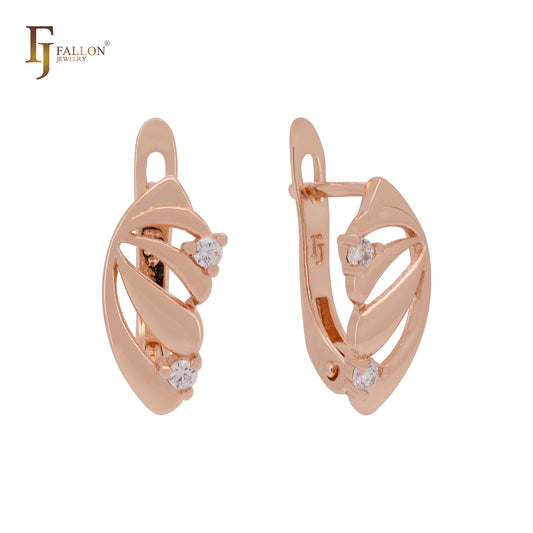 Wide shell of double white CZs Rose Gold Russian Lock Earrings