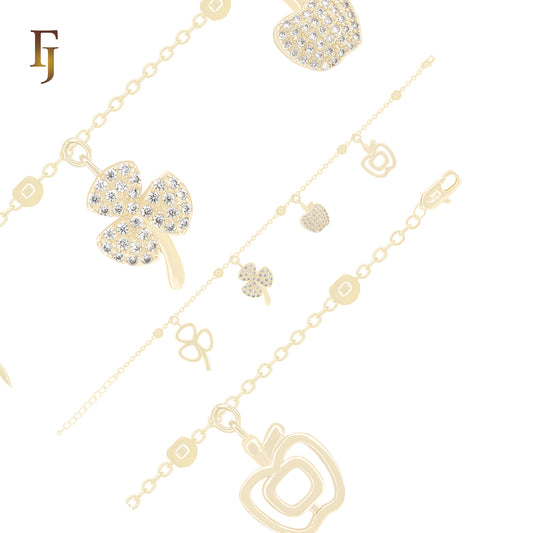 Lucky Charm CZ Bracelet with Clover, Heart and Flower Motifs | 14K Gold Plated Girls Jewelry – FJ Jewelry
