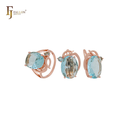 Lujoso conjunto de joyas de oro rosa con anillos, solitario grande ovalado gigante con circonitas blancas, naranjas o azul lago.