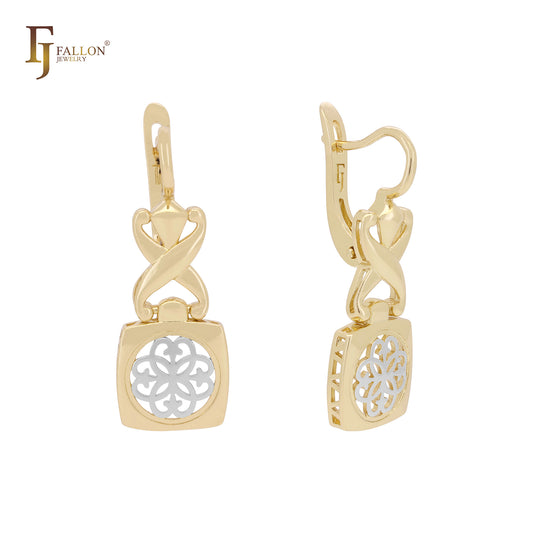 Pendientes colgantes de oro blanco con candado de filigrana