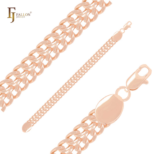 Pulseiras de ouro rosa com elos cubanos duplos de 9 mm de largura