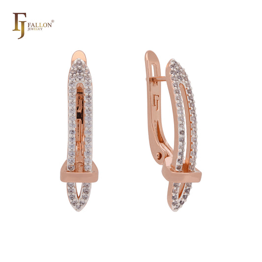Long paperclip of white CZs Rose Gold two tone Russian Lock Earrings