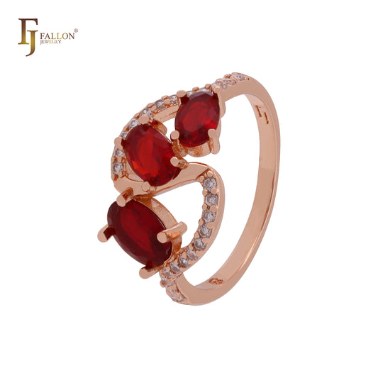 Triple Red CZs with white CZs cluster luxurious Rose Gold Fashion Rings