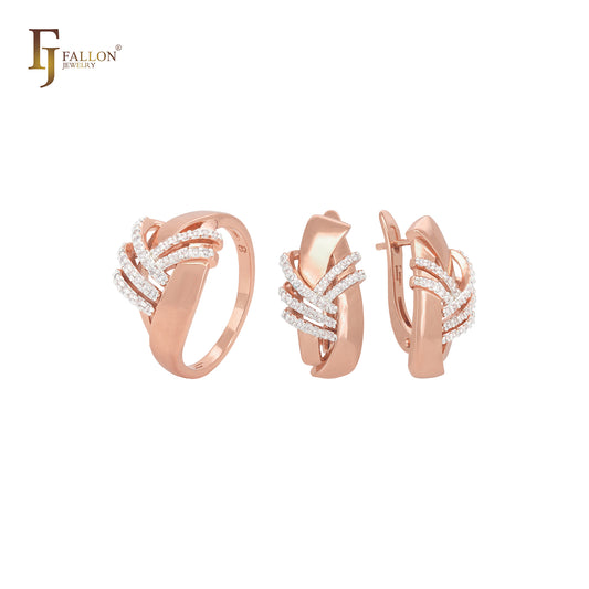 Conjunto de joias luxuosas de ouro rosa com várias faixas e fitas entrelaçadas e anéis