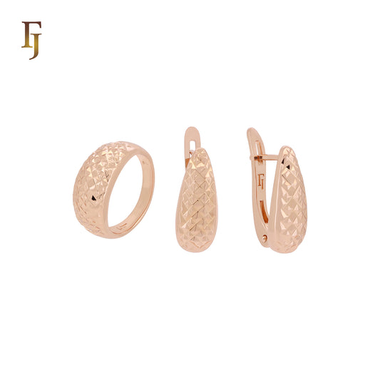 Rose Gold Geometric Jewelry Set – Textured Russian Lock Earrings and Matching Wide Band Ring | Modern Mirror Finish by FJ Jewelry