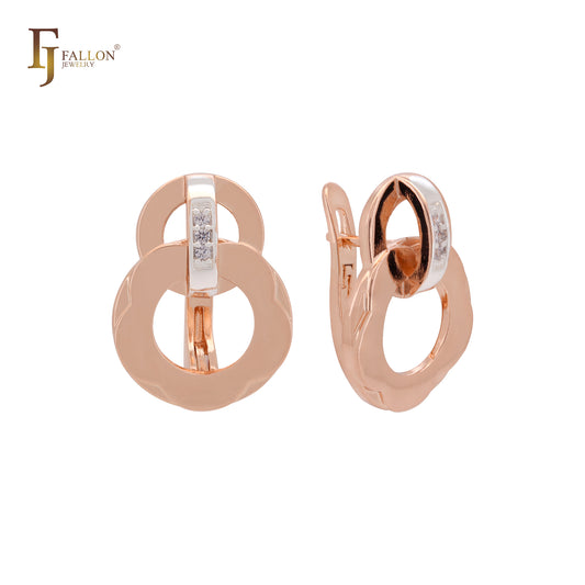 Triple interlocking circles with white CZs Rose Gold Russian Lock Earrings