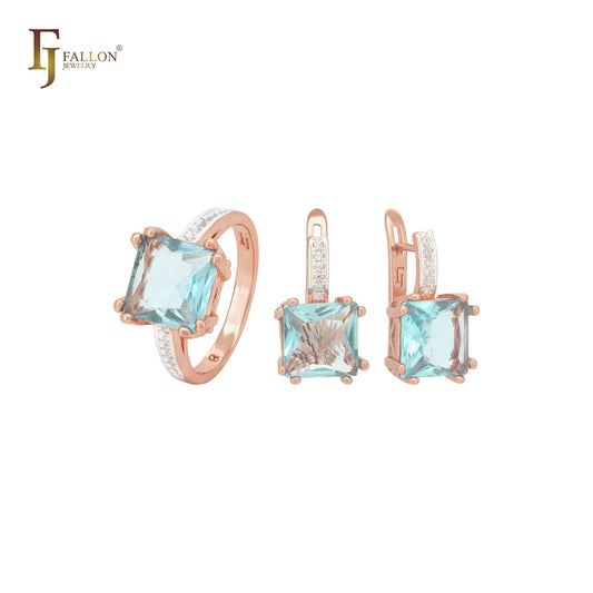 Conjunto de joias em ouro rosa com anéis e zircônia cúbica quadrada branca ou azul com zircônias cúbicas brancas pavimentadas