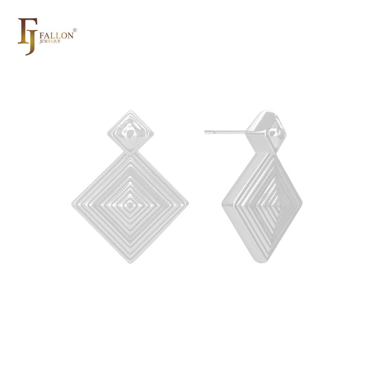 Серьги-гвоздики из тысячеслойной пирамиды в форме ромба из 14-каратного золота, розового золота и белого золота