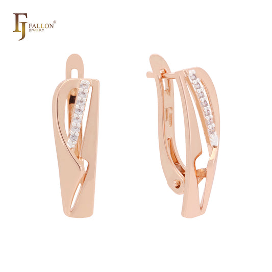 Geometric with slash of white CZs Rose Gold two tone Russian Lock Earrings