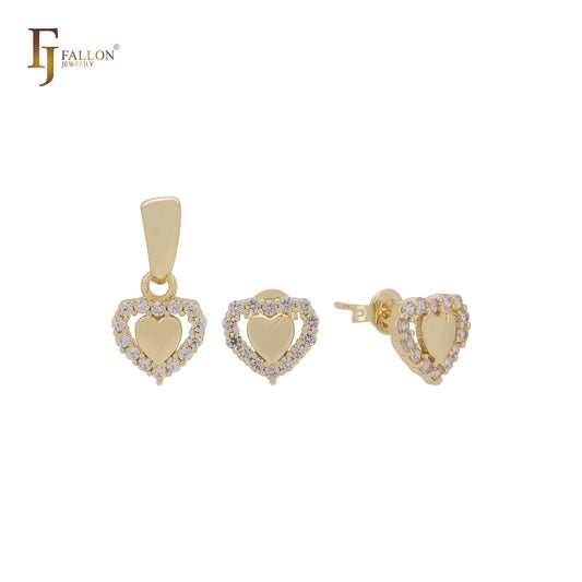 Conjunto de joyas de oro de 14 quilates con halo de doble corazón y circonitas blancas con colgante