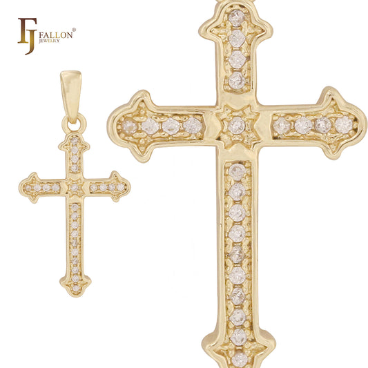 Cluster white CZs Latin Style 14K Gold Cross Pendant Christian Religious