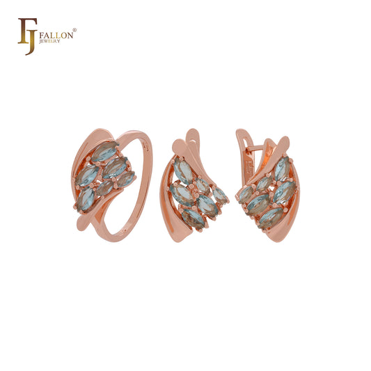 Conjunto de joias luxuosas de ouro rosa com mil zircônias cúbicas e anéis em marquise azul lago