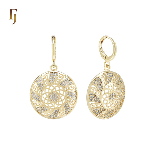 Spinning Rounded filigree disc of white CZs 14K Gold Huggie drop Earrings