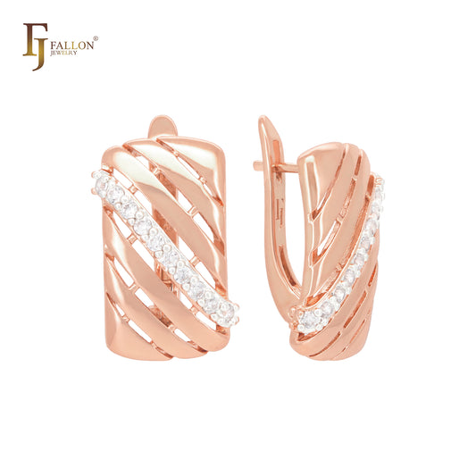 Meshy window with white CZs Rose Gold two tone Russian Lock Earrings