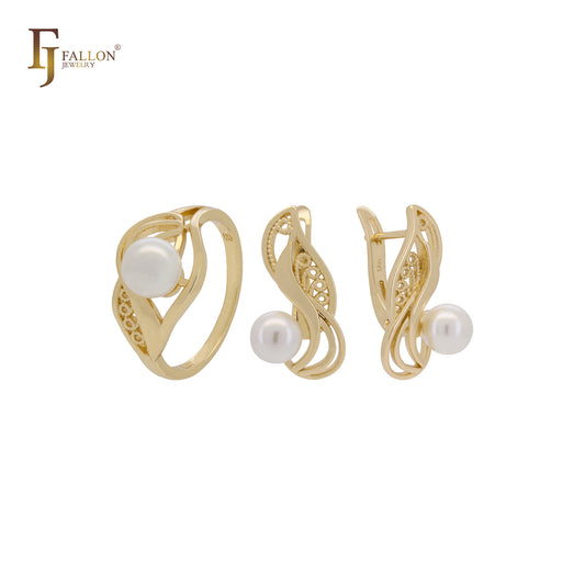 Conjunto de joyas de oro rosa con anillos y filigrana danzante de perla