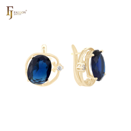 Great Oval Solitaire Deep Blue 14K Gold Russian Lock Earrings